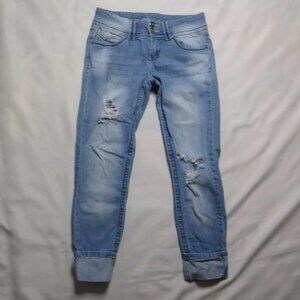 ALMOST FAMOUS juniors JEANS blue DISTRESSED cuffed LACE embroidered SIZE 7